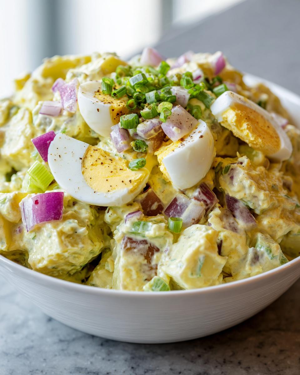 Primer plano de una ensalada de patatas cremosa con huevo duro, cebolla morada y cebollino, perfecta para recetas para reuniones familiares.