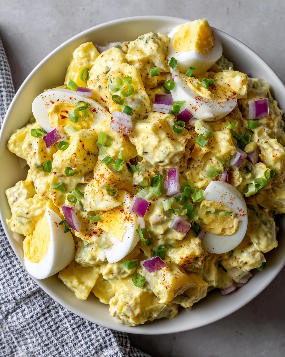 Primer plano de una ensalada de patatas cremosa con huevos duros, cebolla roja y cebolleta, perfecta para recetas para reuniones familiares.