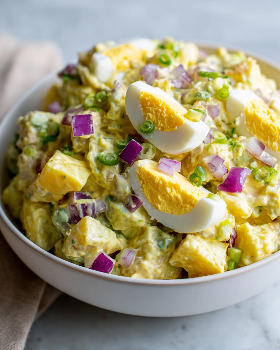 Primer plano de una ensalada de patatas cremosa con trozos de huevo duro, cebolla roja y cebolleta, perfecta para recetas para reuniones familiares.
