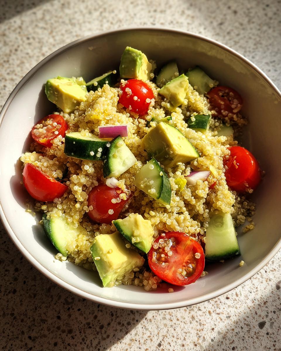 Ensalada de quinoa vibrante con trozos de aguacate, tomates cherry y pepino, perfecta como platos de acompañamiento.