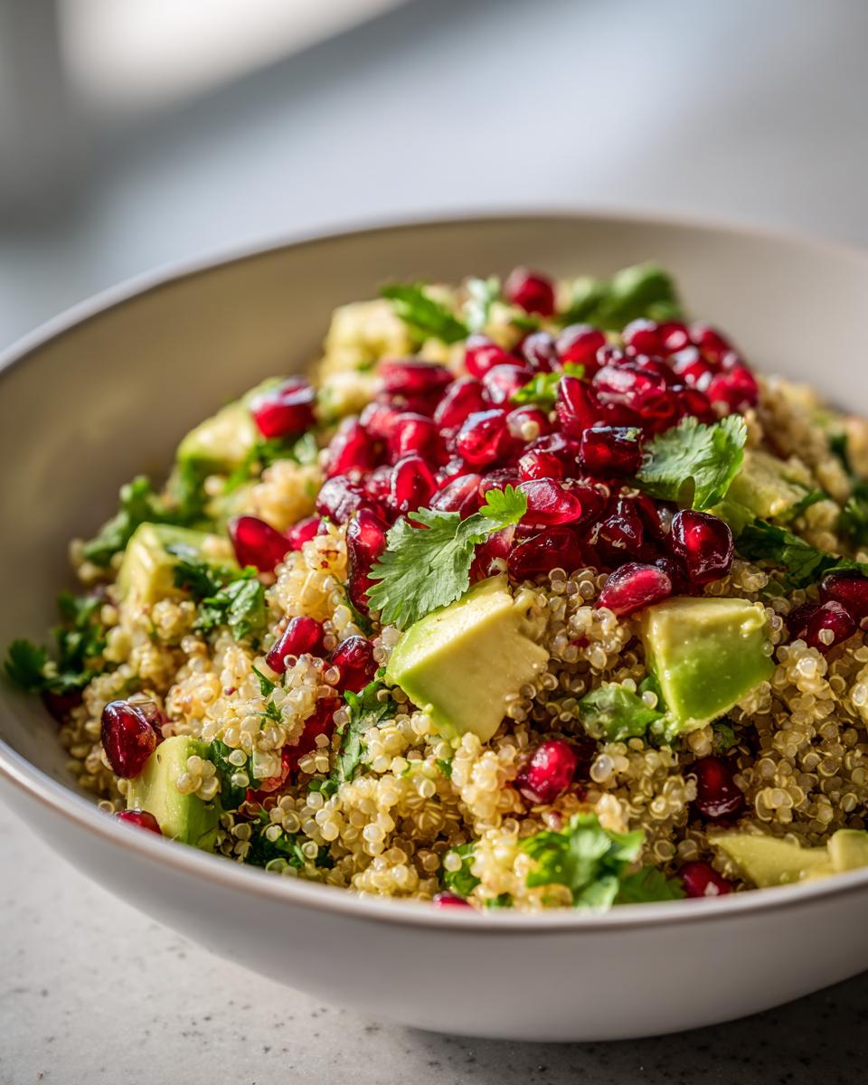 Ensalada vibrante de quinoa con aguacate en cubos, semillas de granada rojas y cilantro fresco, como una de las ideas de cena para año nuevo.