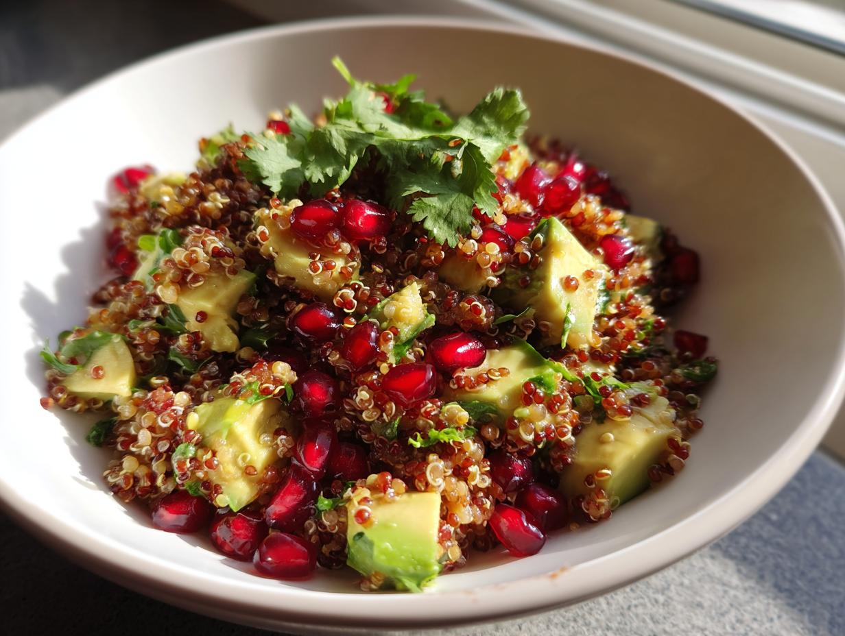 Primer plano de una ensalada de quinoa con aguacate en cubos, semillas de granada y cilantro fresco, ideal para ideas de cena para Año Nuevo.