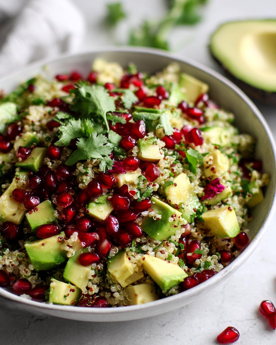 Ensalada de quinoa vibrante con trozos de aguacate cremoso, semillas de granada rojas y cilantro fresco, una de las ideas de cena para Año Nuevo.