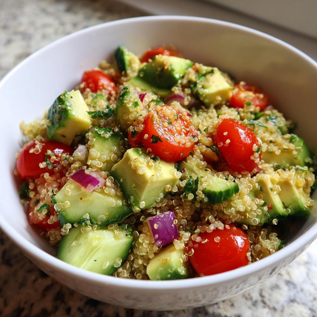 Primer plano de una ensalada de quinoa con aguacate, tomates cherry y cebolla morada, ideal como platos de acompañamiento.