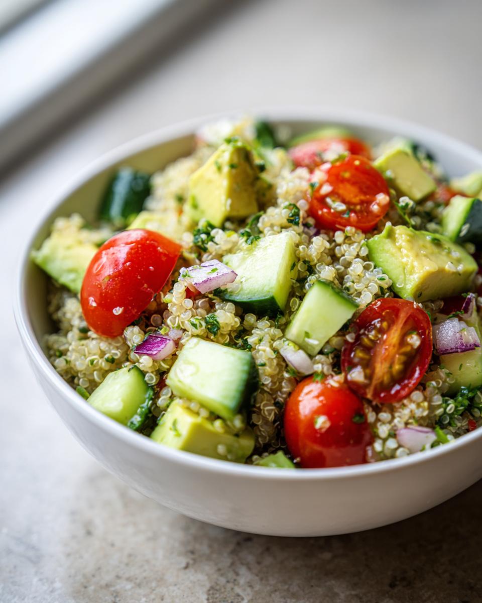 Primer plano de una ensalada de quinoa con aguacate, tomate cherry, pepino y cebolla morada. Ideal como platos de acompañamiento.