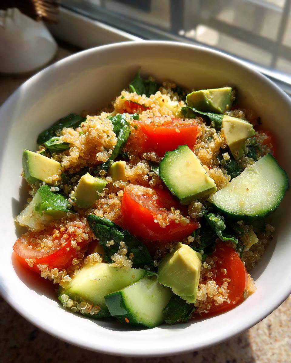 Primer plano de una ensalada de quinoa con aguacate, tomate y pepino, una opción de recetas saludables 2025 España.