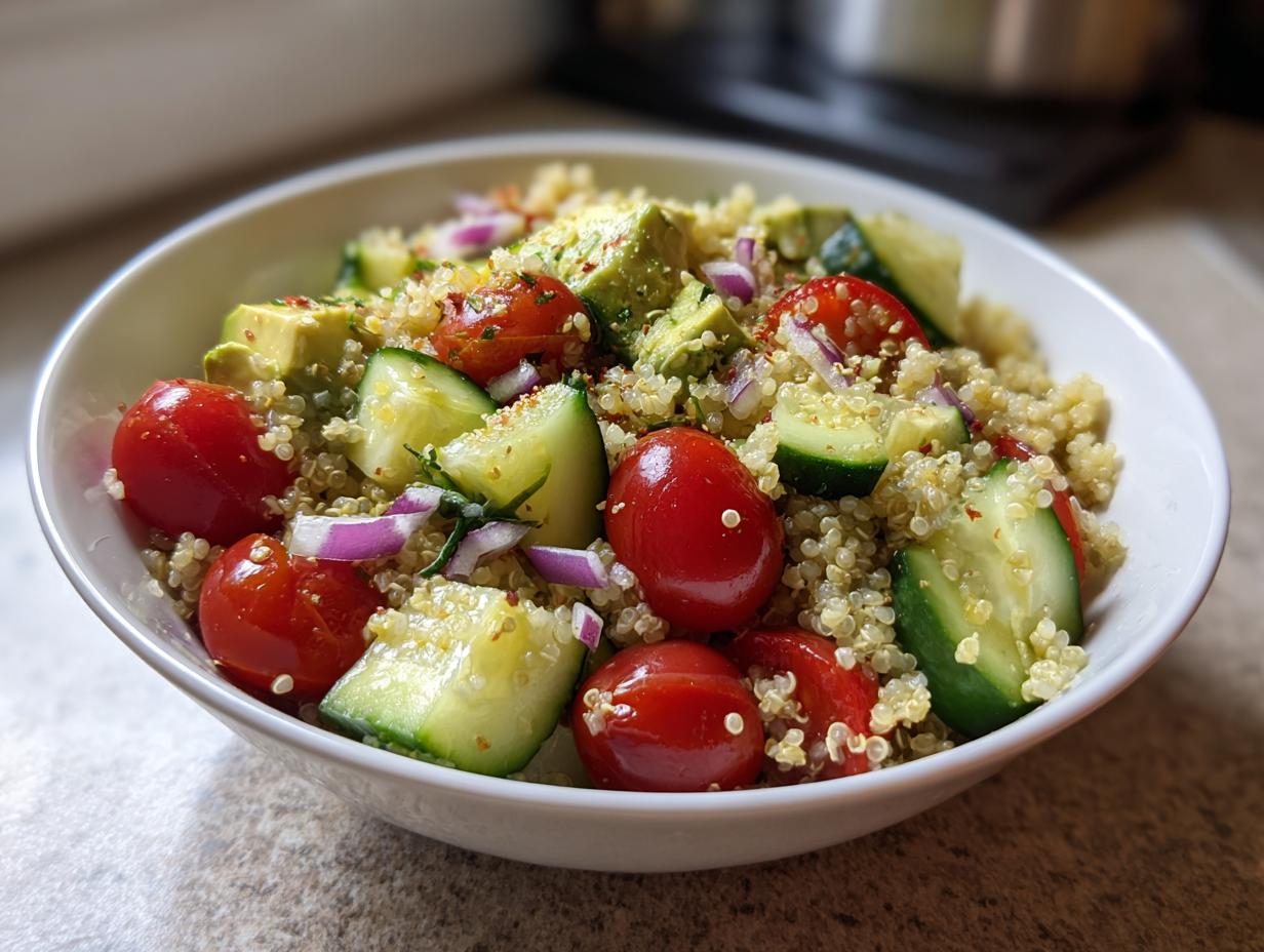 Primer plano de una ensalada de quinoa con tomates cherry, pepino, aguacate y cebolla morada, un delicioso plato de acompañamiento.