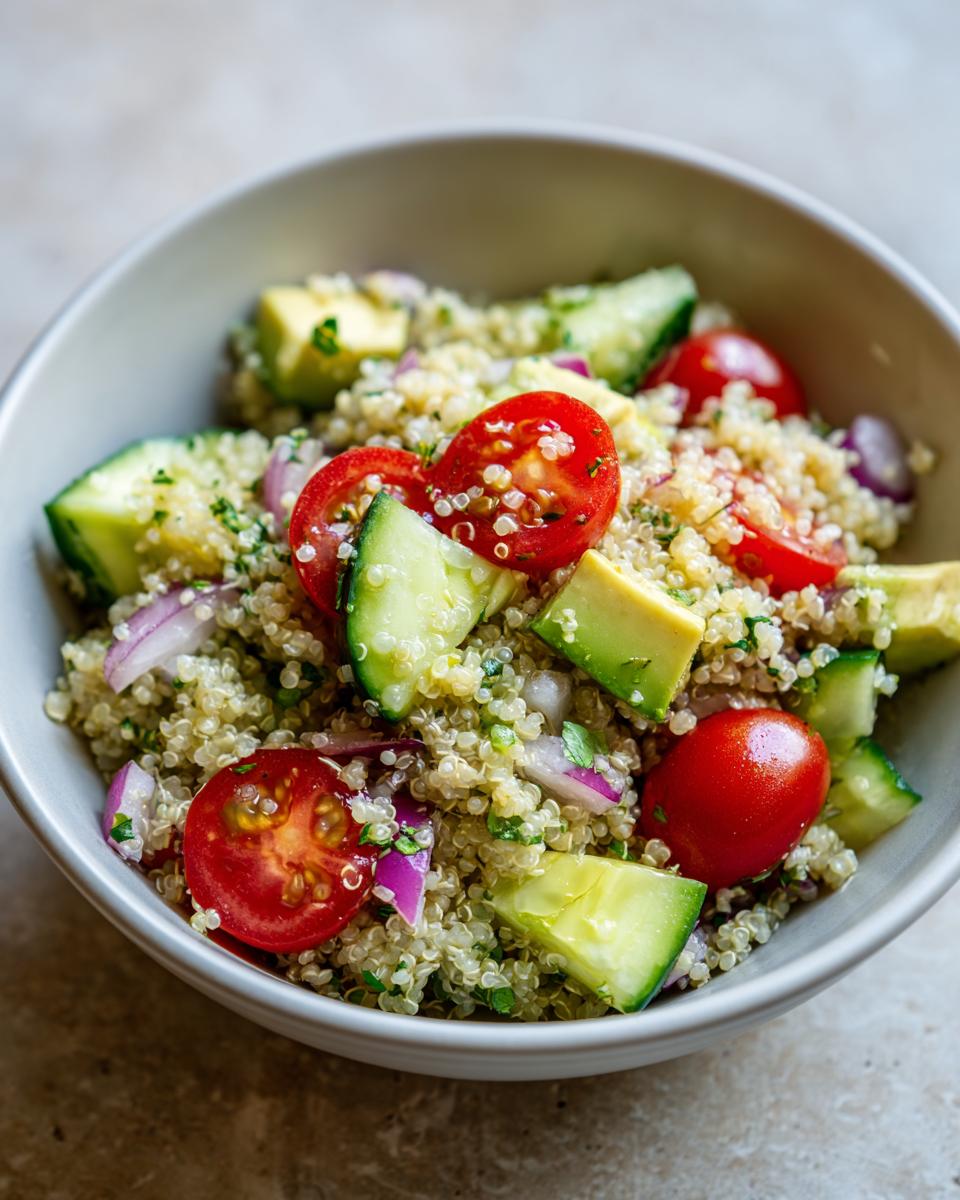 Primer plano de una ensalada de quinoa con tomate cherry, pepino y aguacate, ideal como plato de acompañamiento.