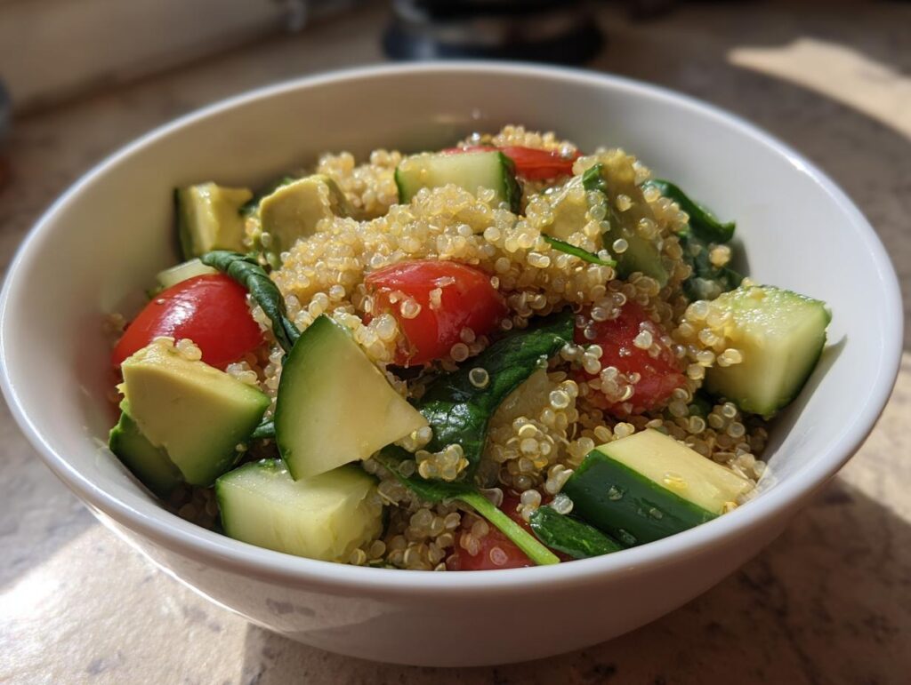 Primer plano de una ensalada de quinoa saludable con aguacate, tomate y pepino, perfecta para recetas saludables 2025 España.