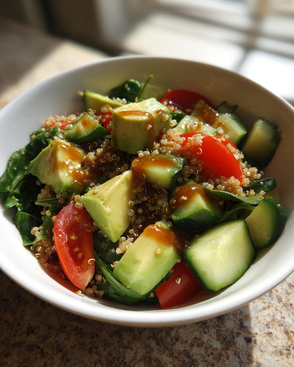 Primer plano de una ensalada saludable con quinoa, aguacate, pepino y tomate, aderezada con una vinagreta.