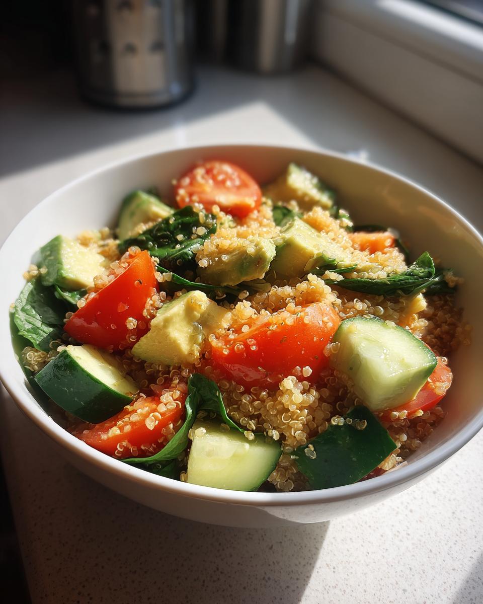 Primer plano de una ensalada saludable de quinoa con aguacate, tomate y pepino, perfecta para recetas saludables 2025 España.
