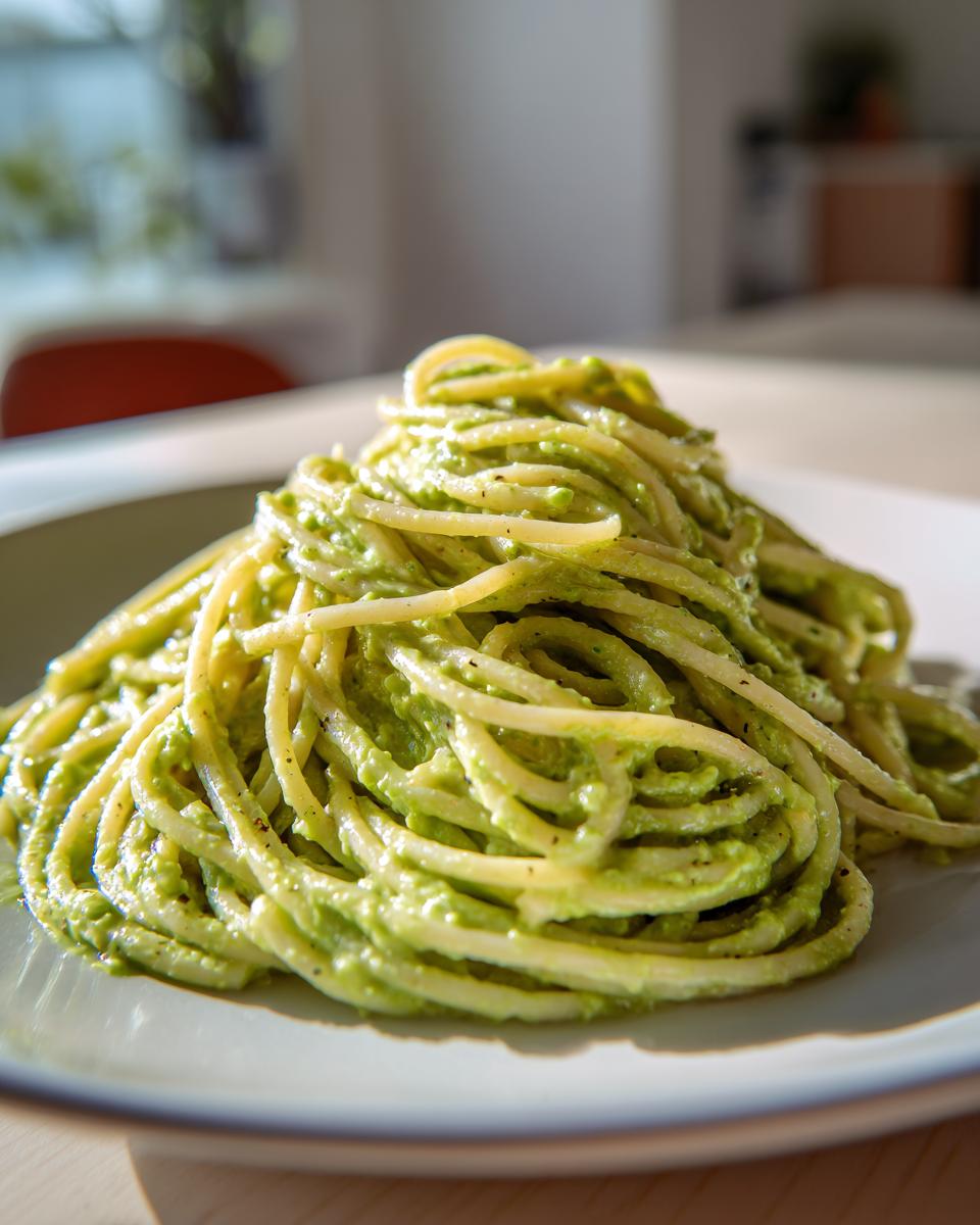 Primer plano de espagueti cremoso con salsa verde, una de las recetas virales TikTok comida.