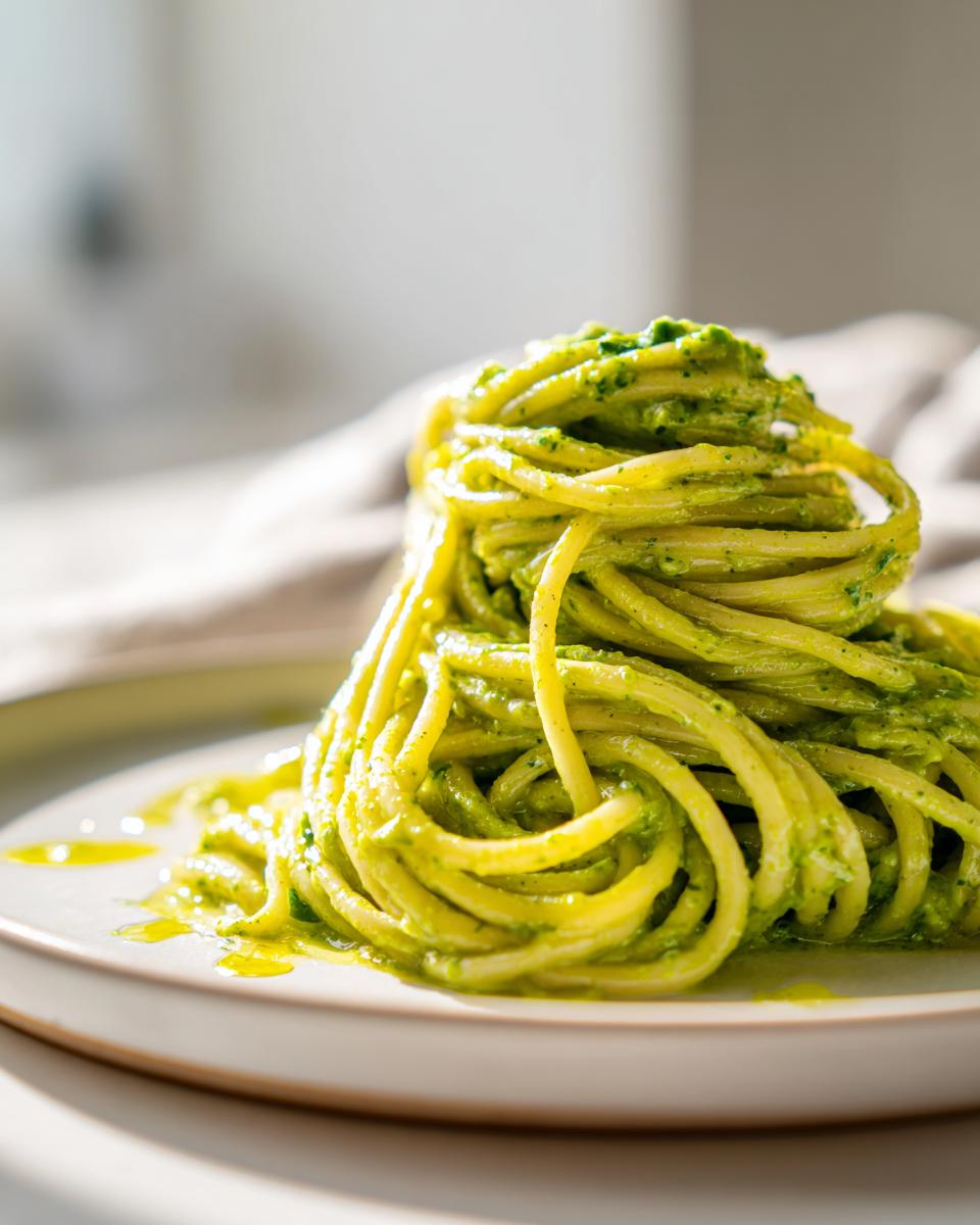 Primer plano de un plato de espagueti con salsa pesto vibrante, una de las recetas virales de TikTok comida.