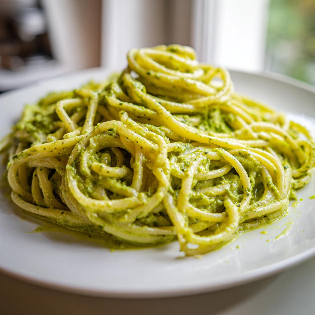 Primer plano de espagueti con salsa pesto cremosa, una de las recetas virales de TikTok comida.