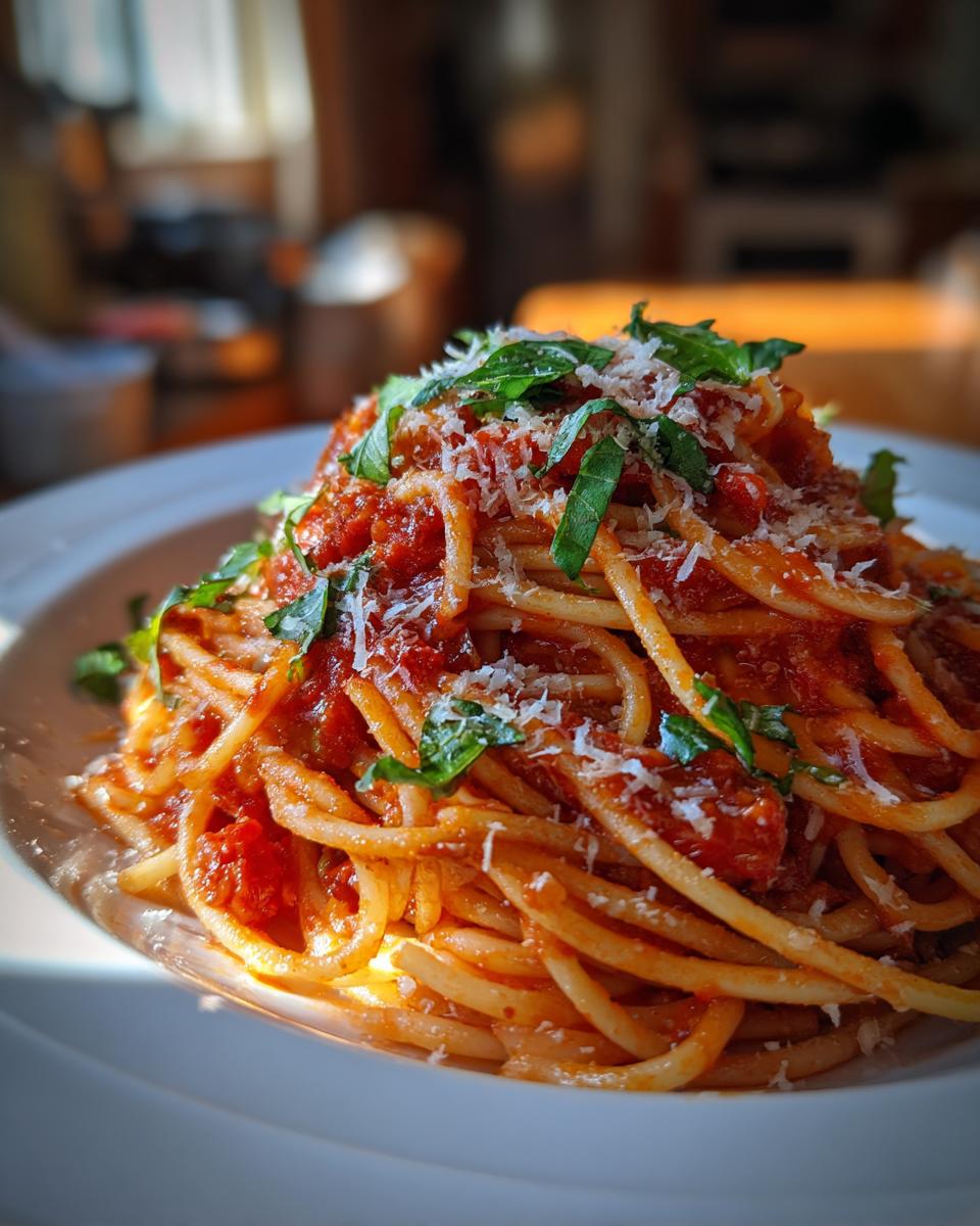 Plato de espagueti con salsa de tomate casera, queso rallado y albahaca fresca, perfecto para recetas para cenar.