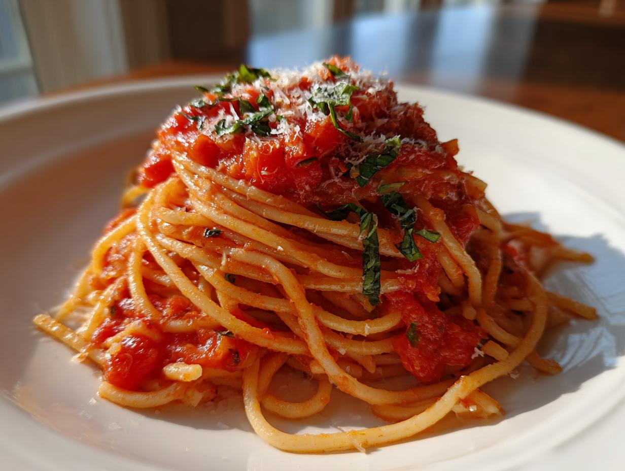 Plato de espagueti con salsa de tomate casera, albahaca fresca y queso parmesano rallado. Ideal para recetas para cenar.