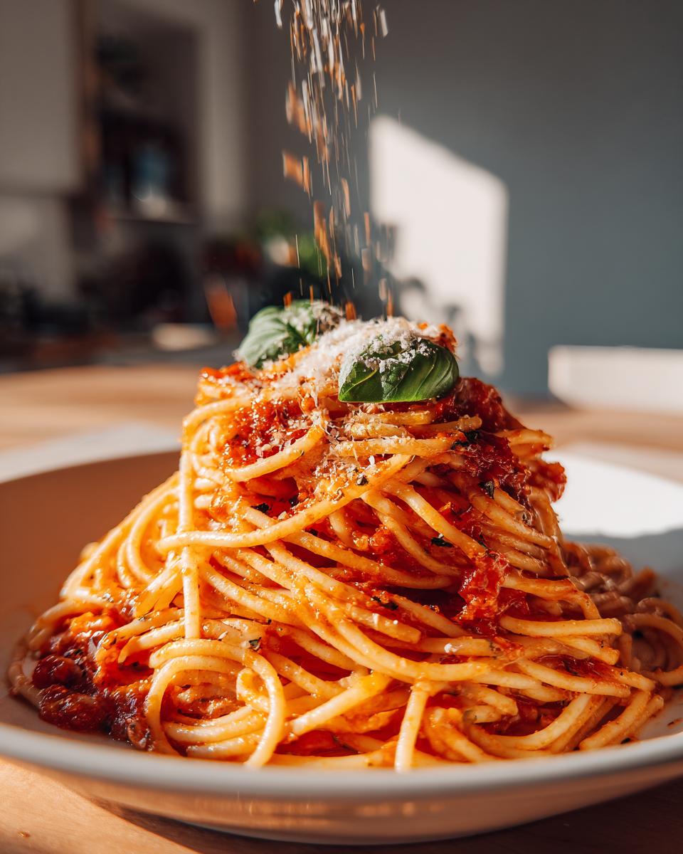 Primer plano de un plato de espagueti con salsa de tomate, queso rallado cayendo y hojas de albahaca, ideal para recetas para cenar.