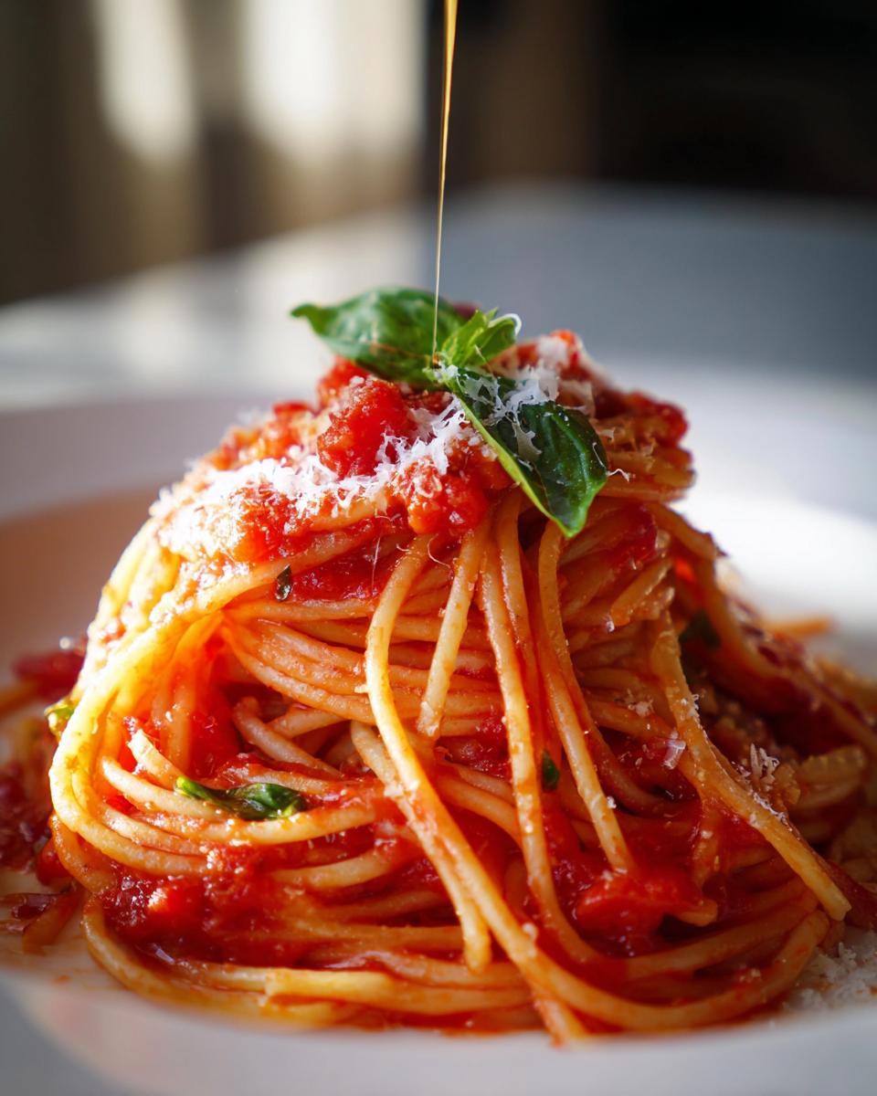 Primer plano de un plato de espagueti con salsa de tomate, queso rallado y albahaca, ideal para recetas para cenar.