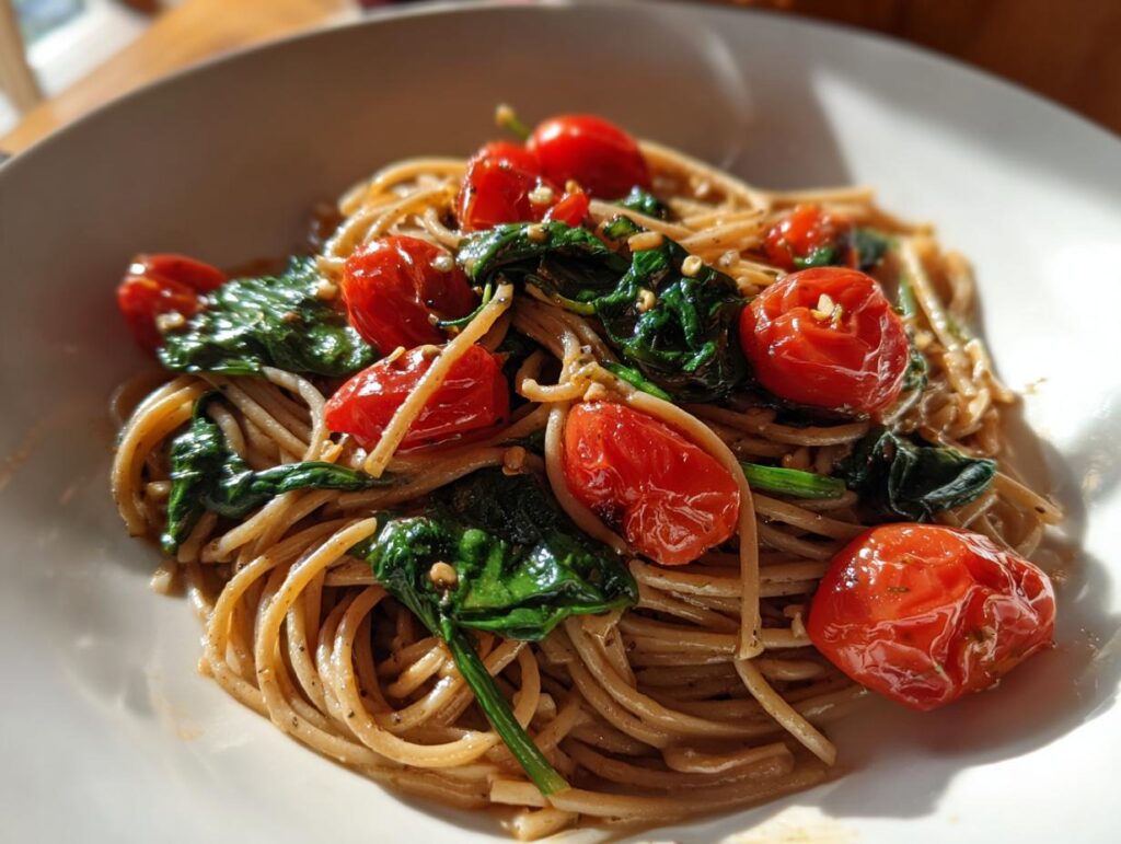 Primer plano de espagueti integral con tomates cherry asados y espinacas frescas, una de las recetas para trabajadores ocupados.