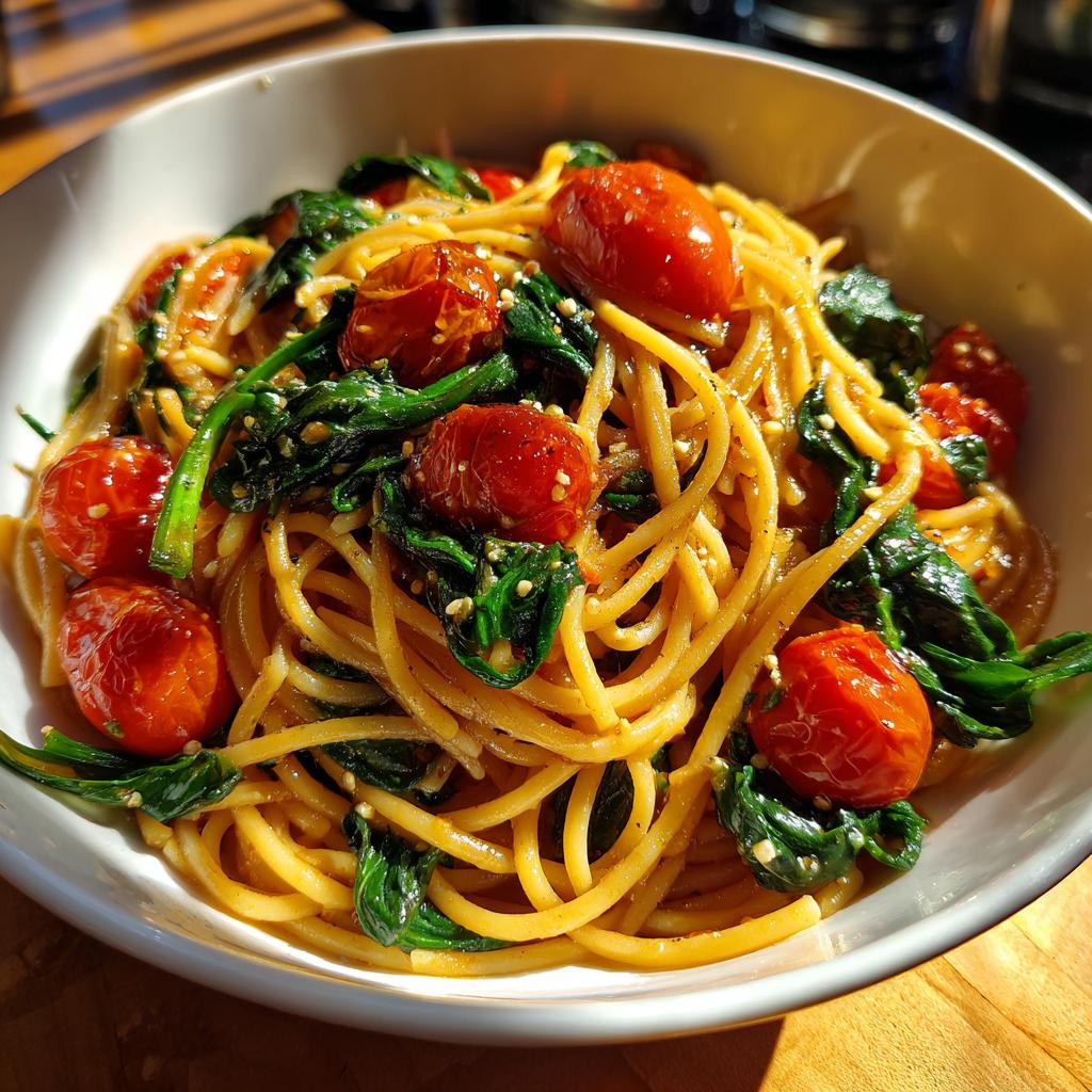 Plato de espagueti con tomates cherry y espinacas, una de las recetas para trabajadores ocupados.