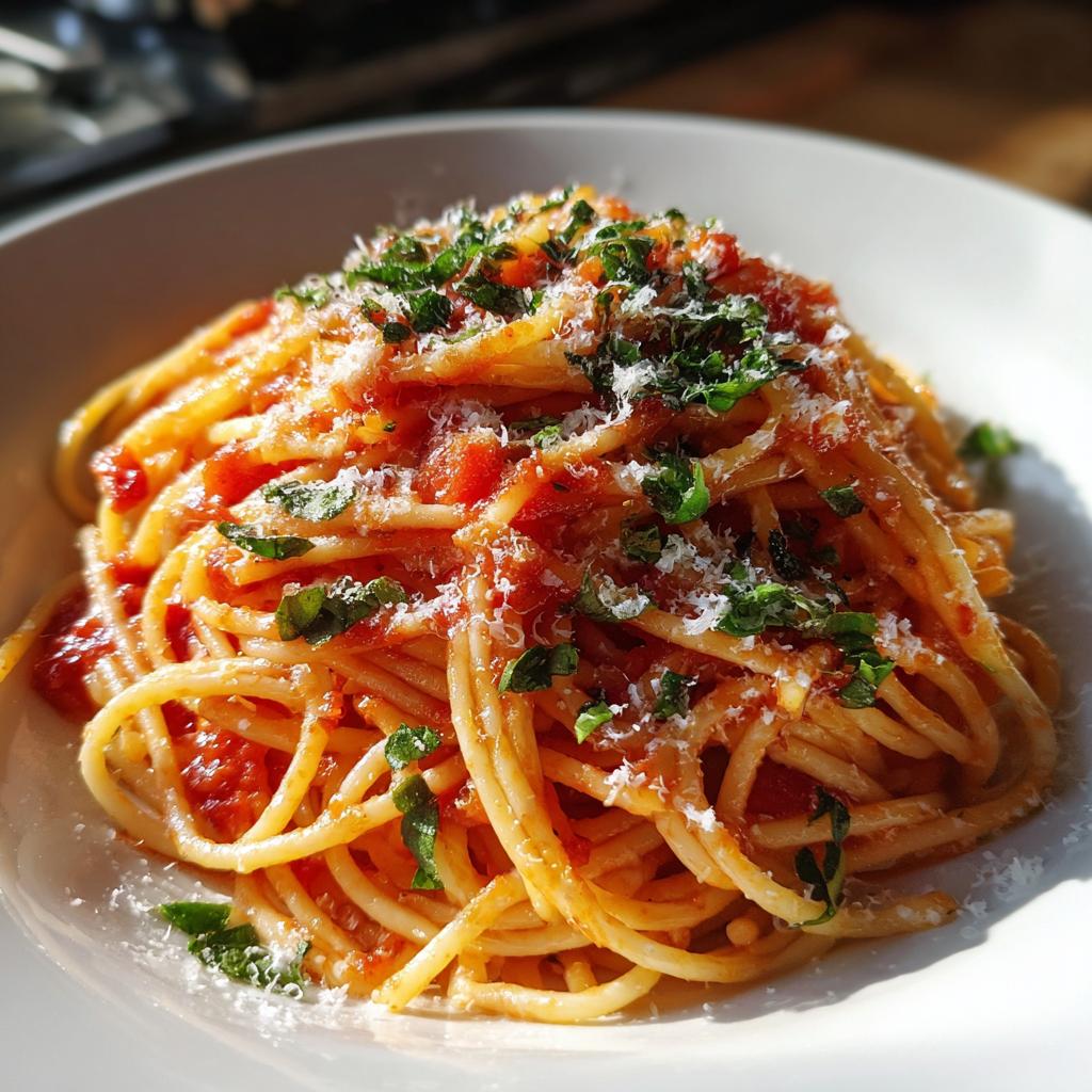 Primer plano de un plato de espaguetis con salsa de tomate casera y hierbas frescas, perfecto para recetas para cenar.