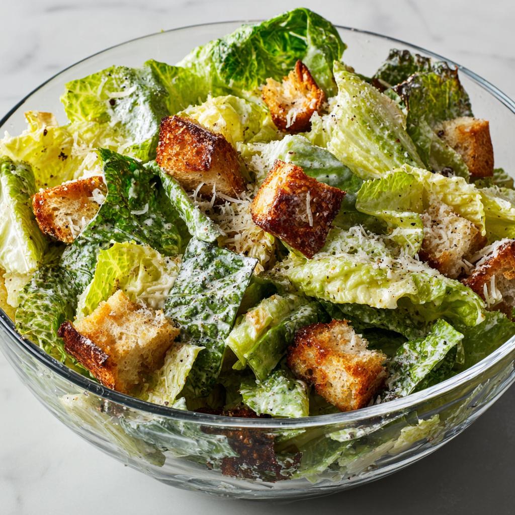 Primer plano de una ensalada César en un bol de cristal, con lechuga crujiente, picatostes dorados y queso parmesano rallado.