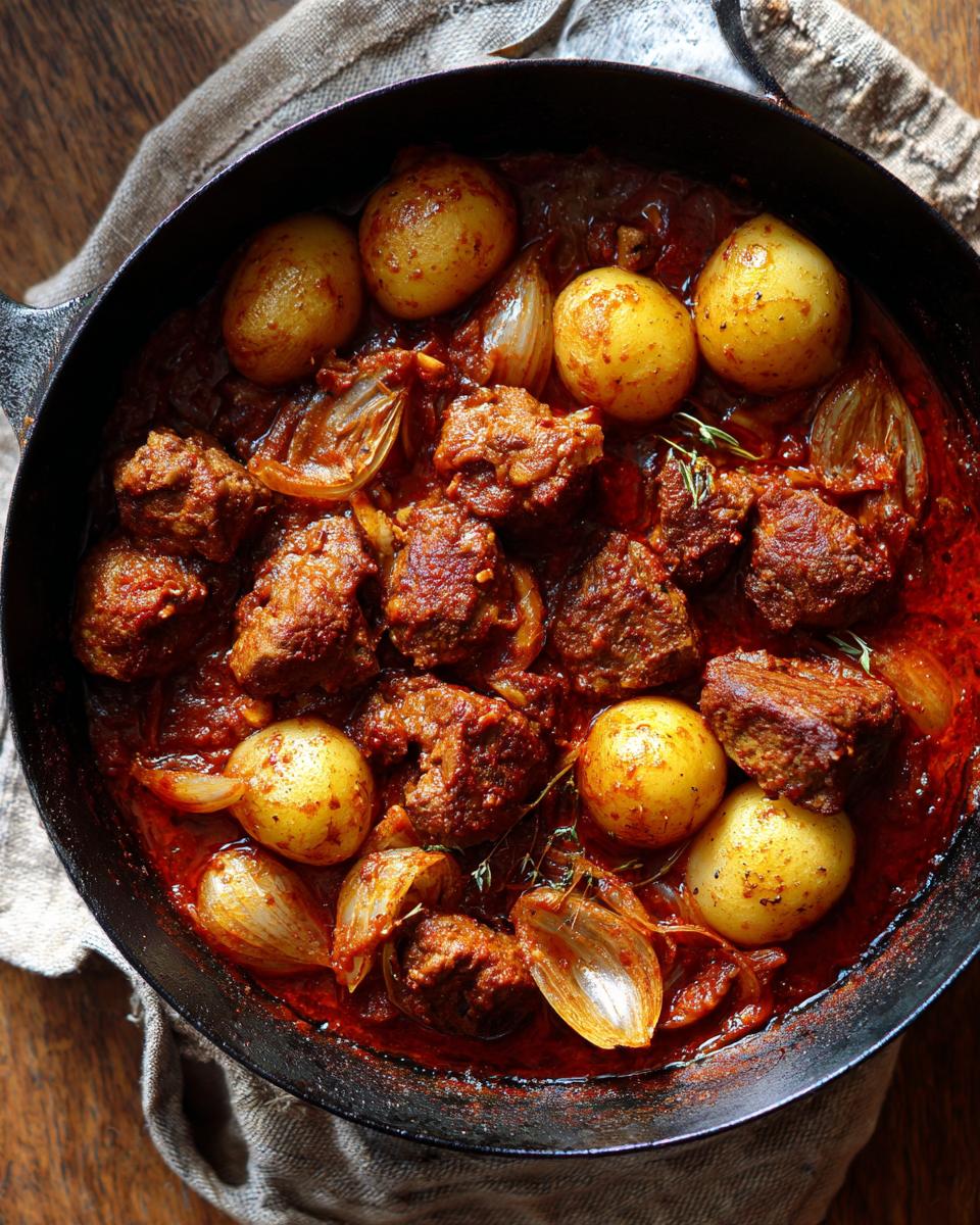 Estofado de carne con patatas y cebolla en salsa roja, perfecto para recetas para fin de año en España.