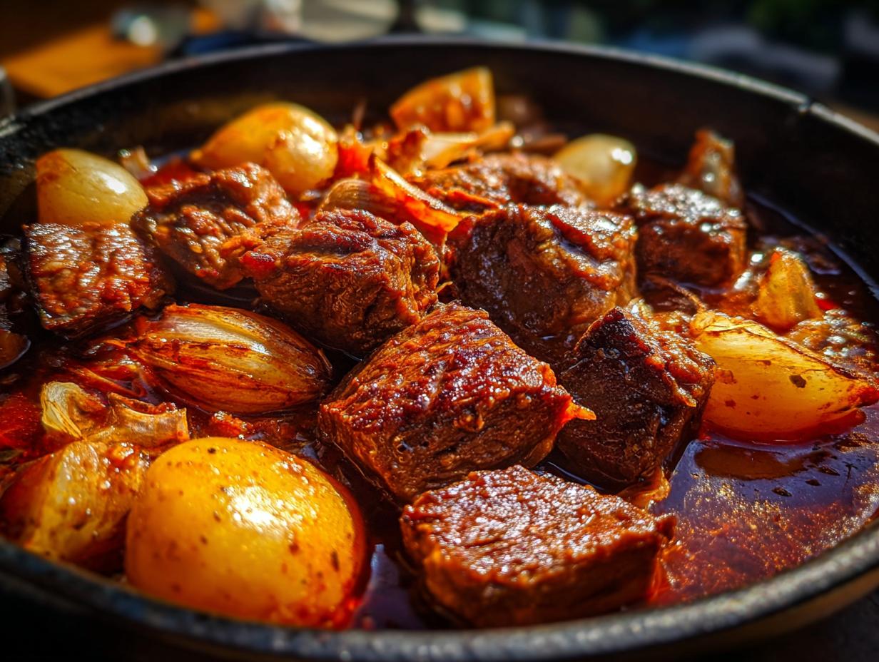 Primer plano de un estofado de carne con cebollas y patatas, perfecto para recetas de fin de año en España.