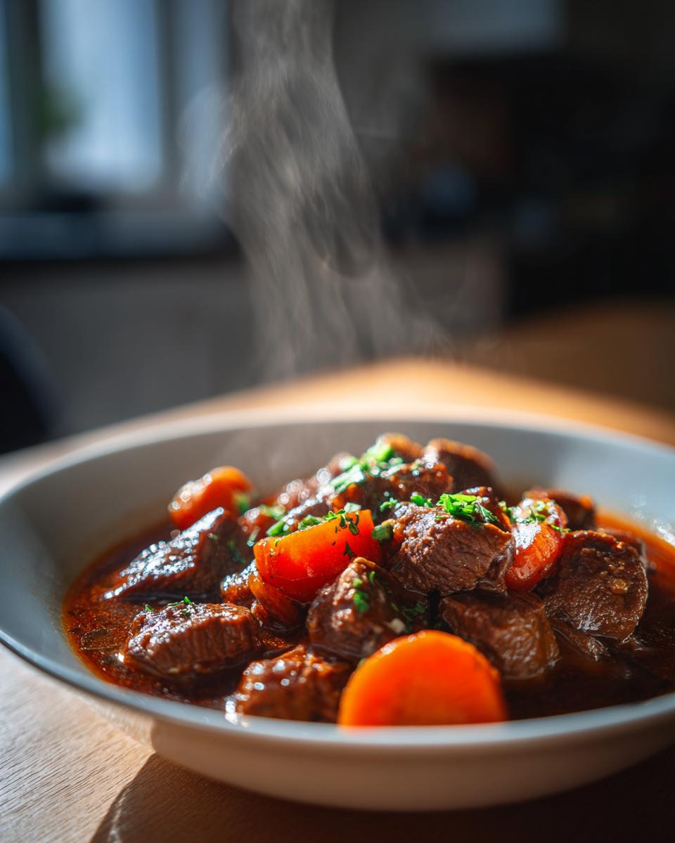 Estofado de invierno fáciles servido con caldo, carne y zanahorias en un plato hondo, con vapor.