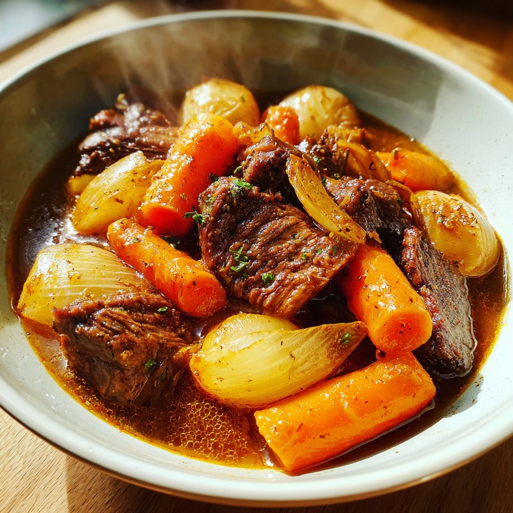 Plato hondo con estofado de invierno fáciles con carne, zanahorias y cebollas en salsa caliente