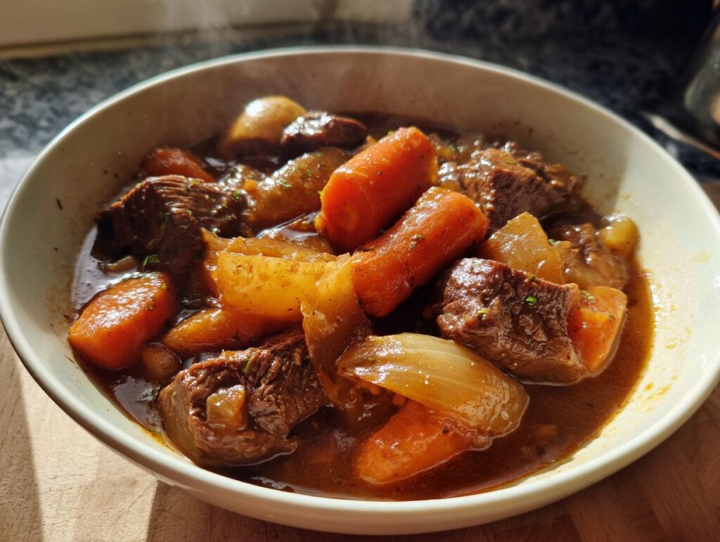 Plato hondo con estofado de invierno fácil con carne, zanahorias, cebolla y papas en salsa