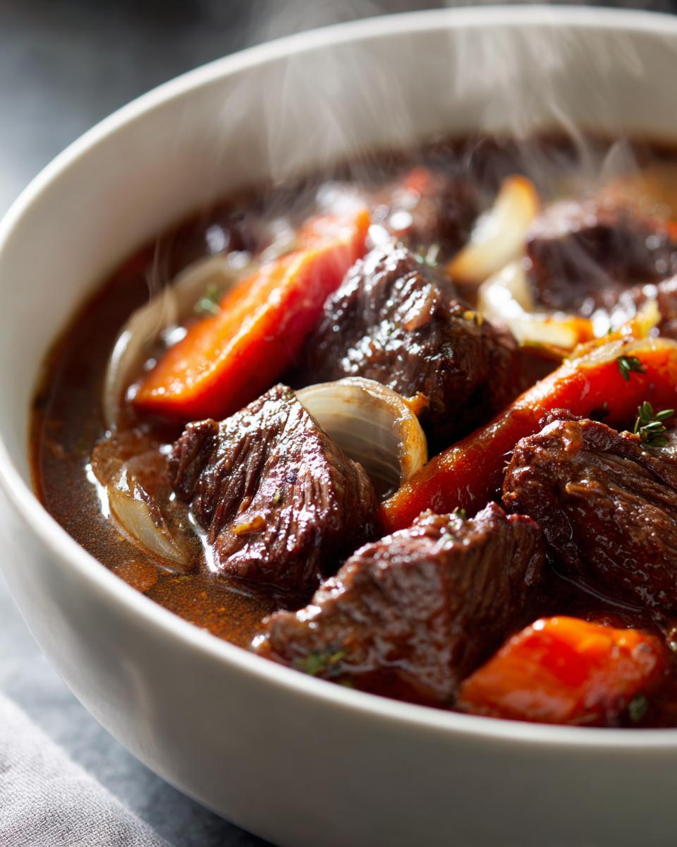 Tazón de estofado de invierno fácil con carne, zanahorias y cebolla humeante