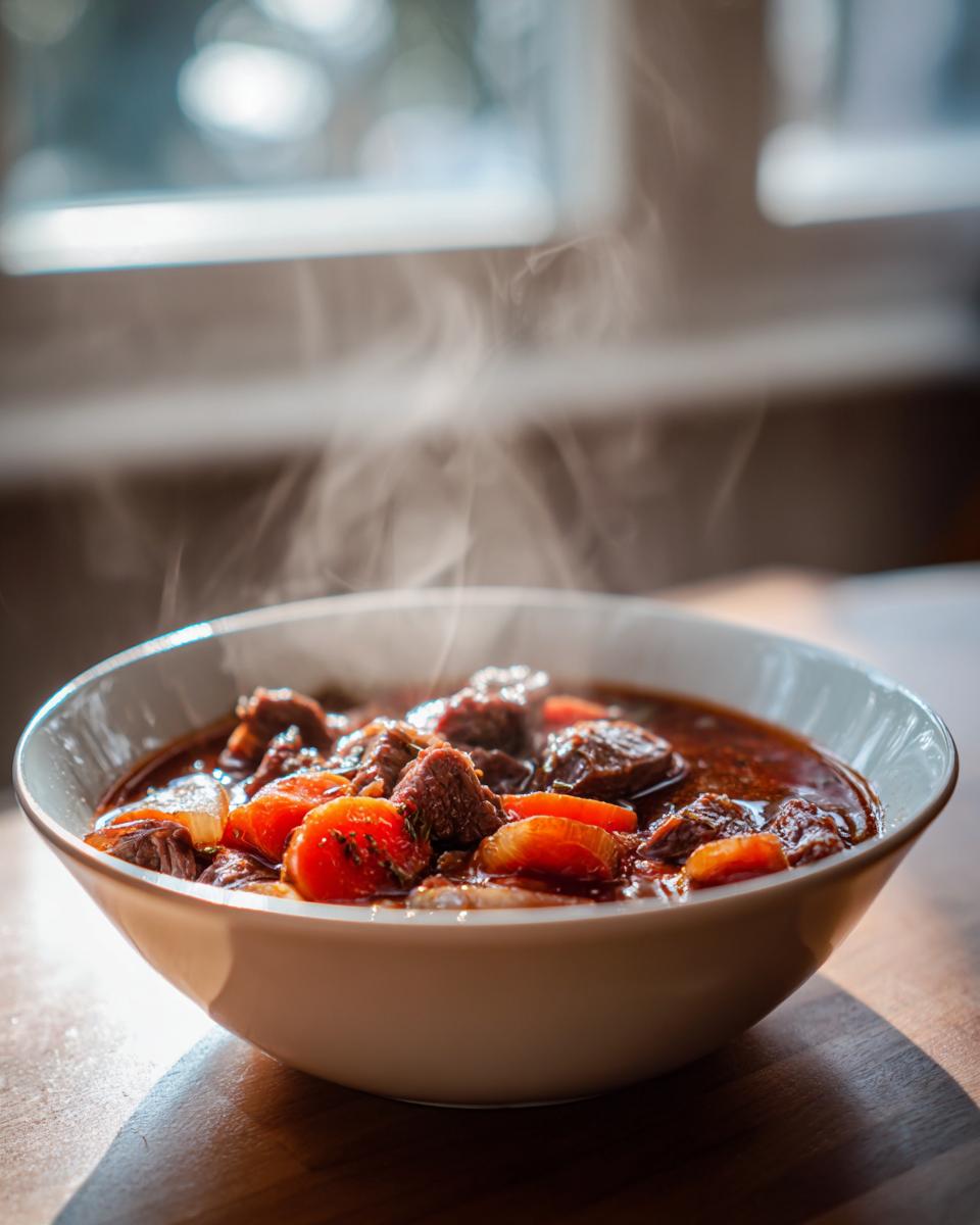 Tazón humeante con estofado de invierno fácil con carne y verduras