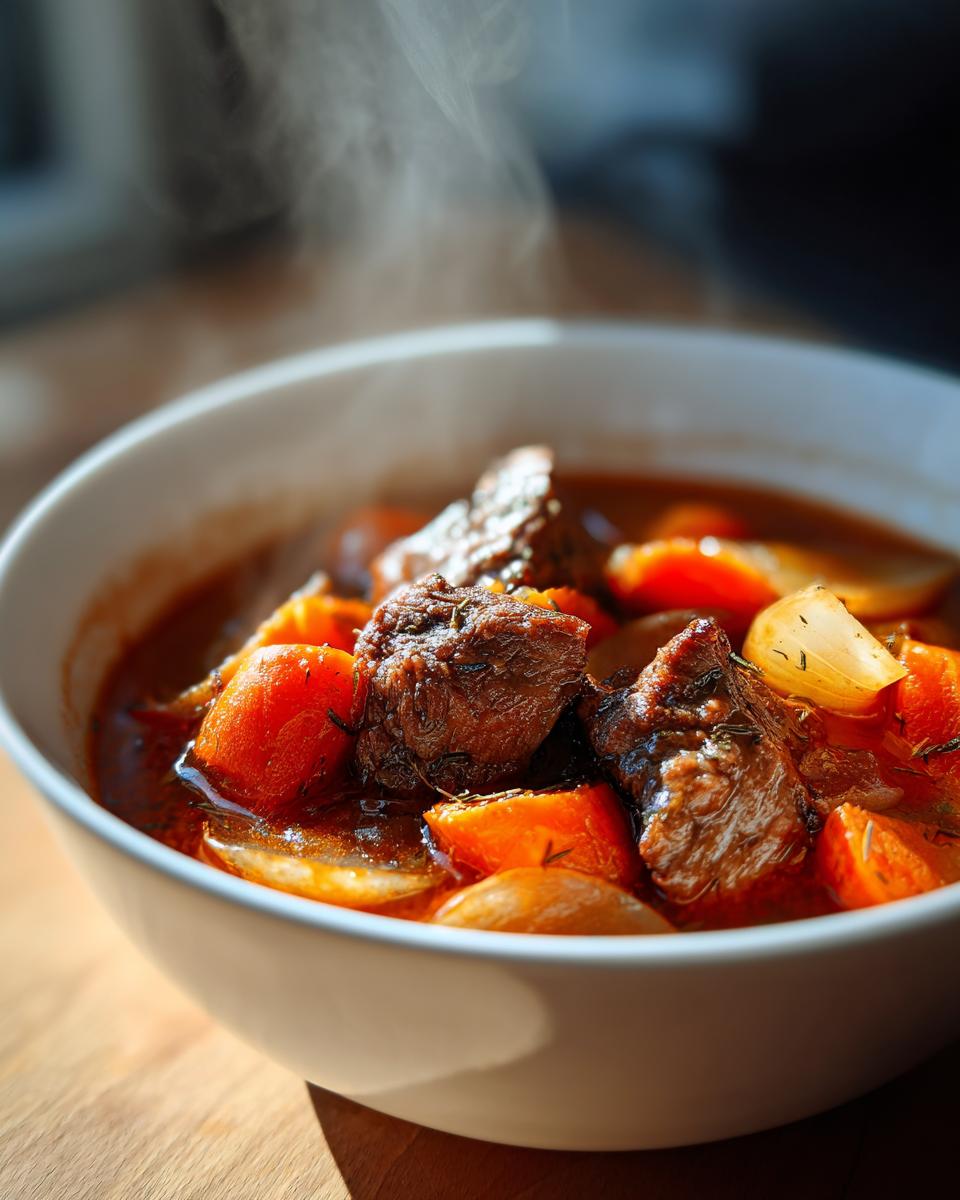 Tazón con estofado de invierno fácil con carne, zanahorias y cebollas