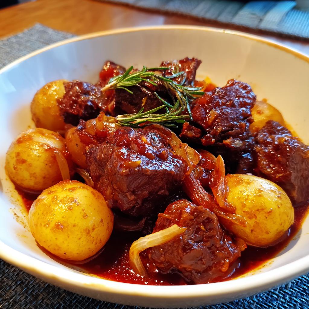 Estofado de ternera tierno con patatas pequeñas y romero, ideal para recetas para fin de año España.