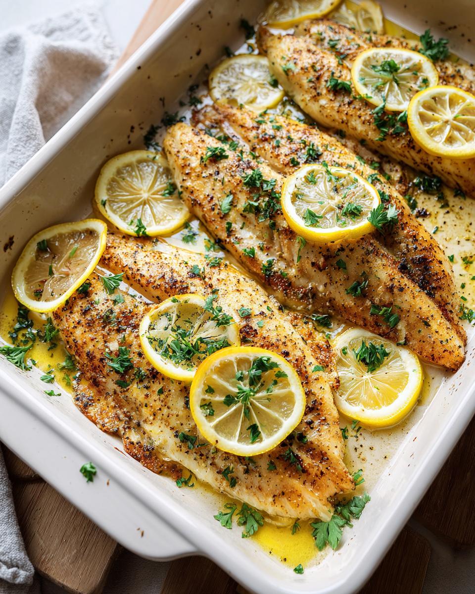Pescado al horno con rodajas de limón y perejil fresco en una bandeja blanca