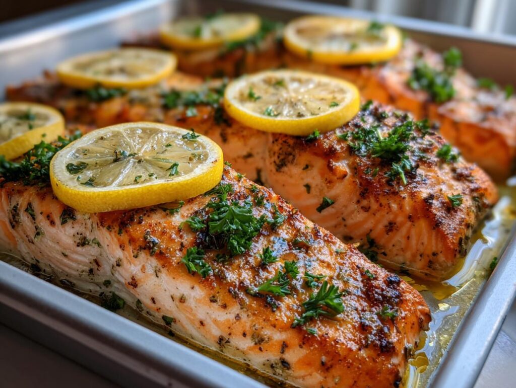 Filetes de salmón al horno con rodajas de limón y perejil fresco encima.