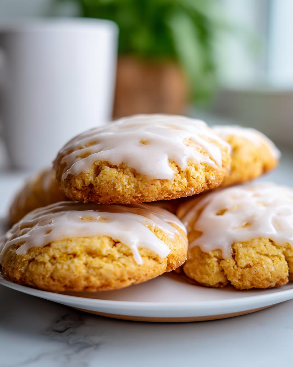 Primer plano de galletas de Año Nuevo apiladas y glaseadas en un plato blanco.