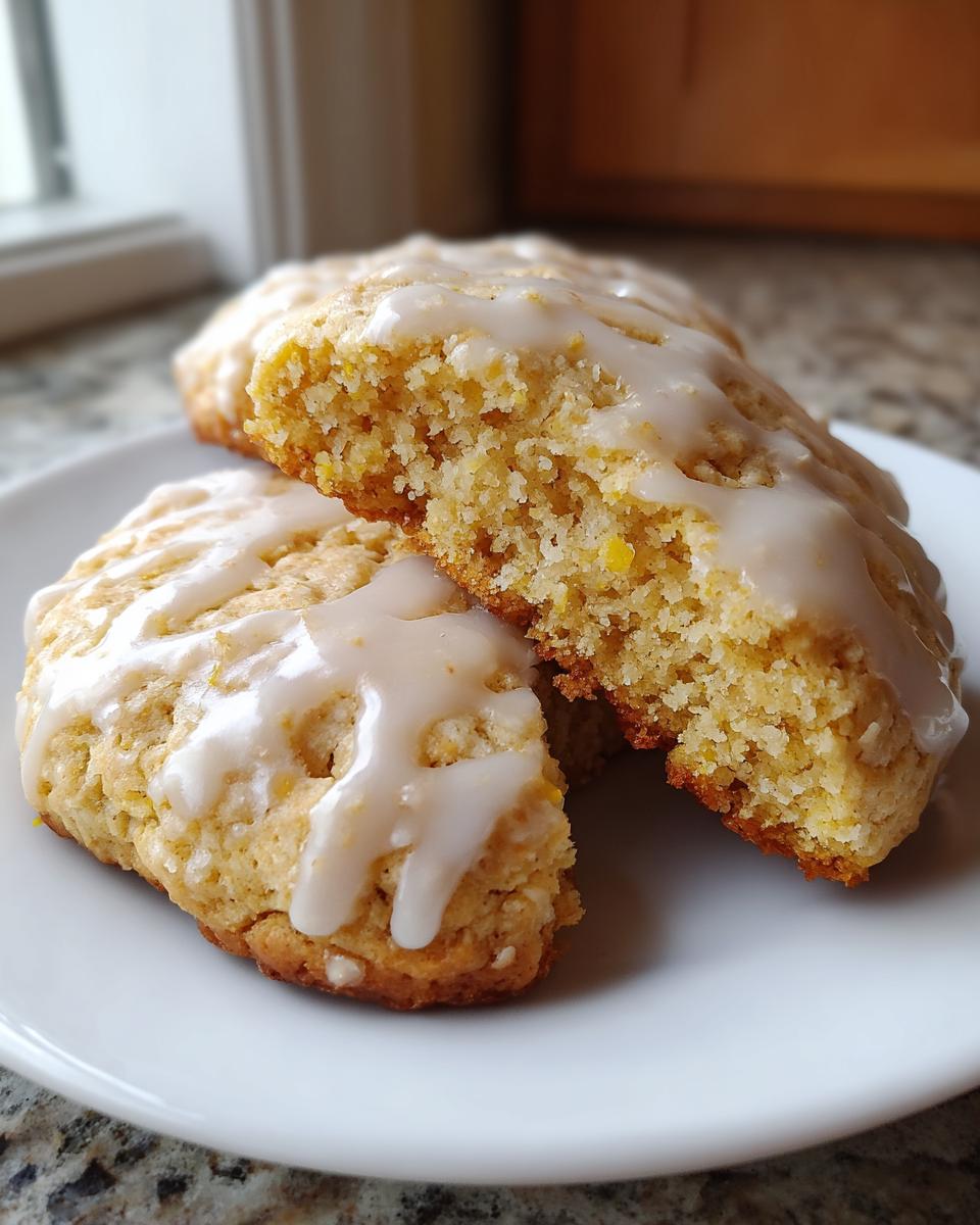 Primer plano de galletas de Año Nuevo con glaseado blanco, una partida por la mitad mostrando su interior.