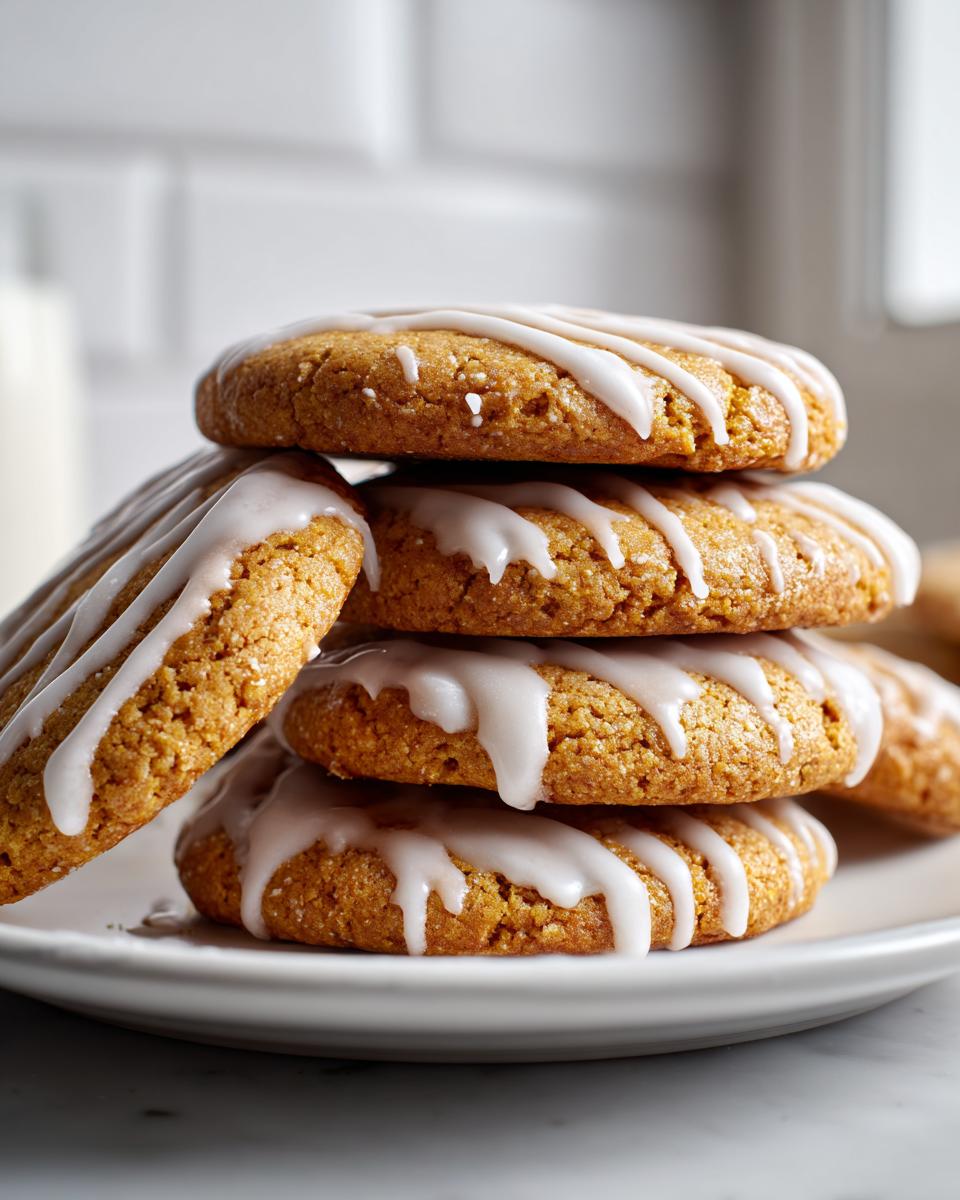 Una pila de galletas de Año Nuevo cubiertas con glaseado blanco sobre un plato blanco.