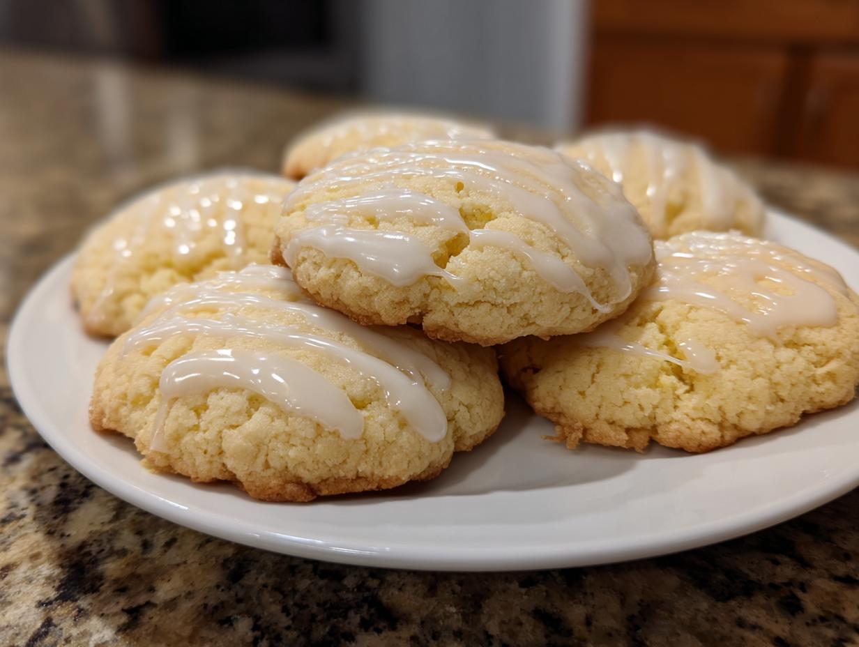 Primer plano de galletas de Año Nuevo con glaseado blanco en un plato blanco.