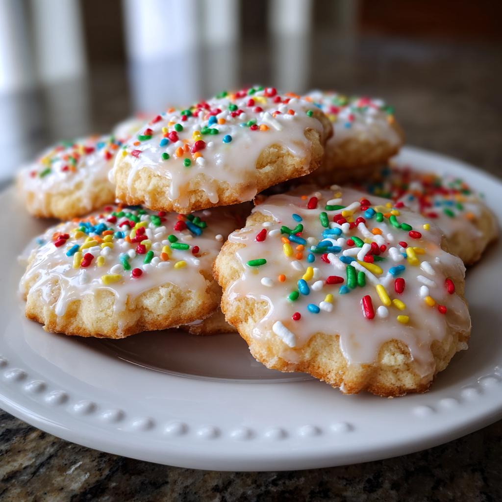 Galletas con glaseado blanco y chispas de colores en un plato blanco, recetas de navidad fáciles