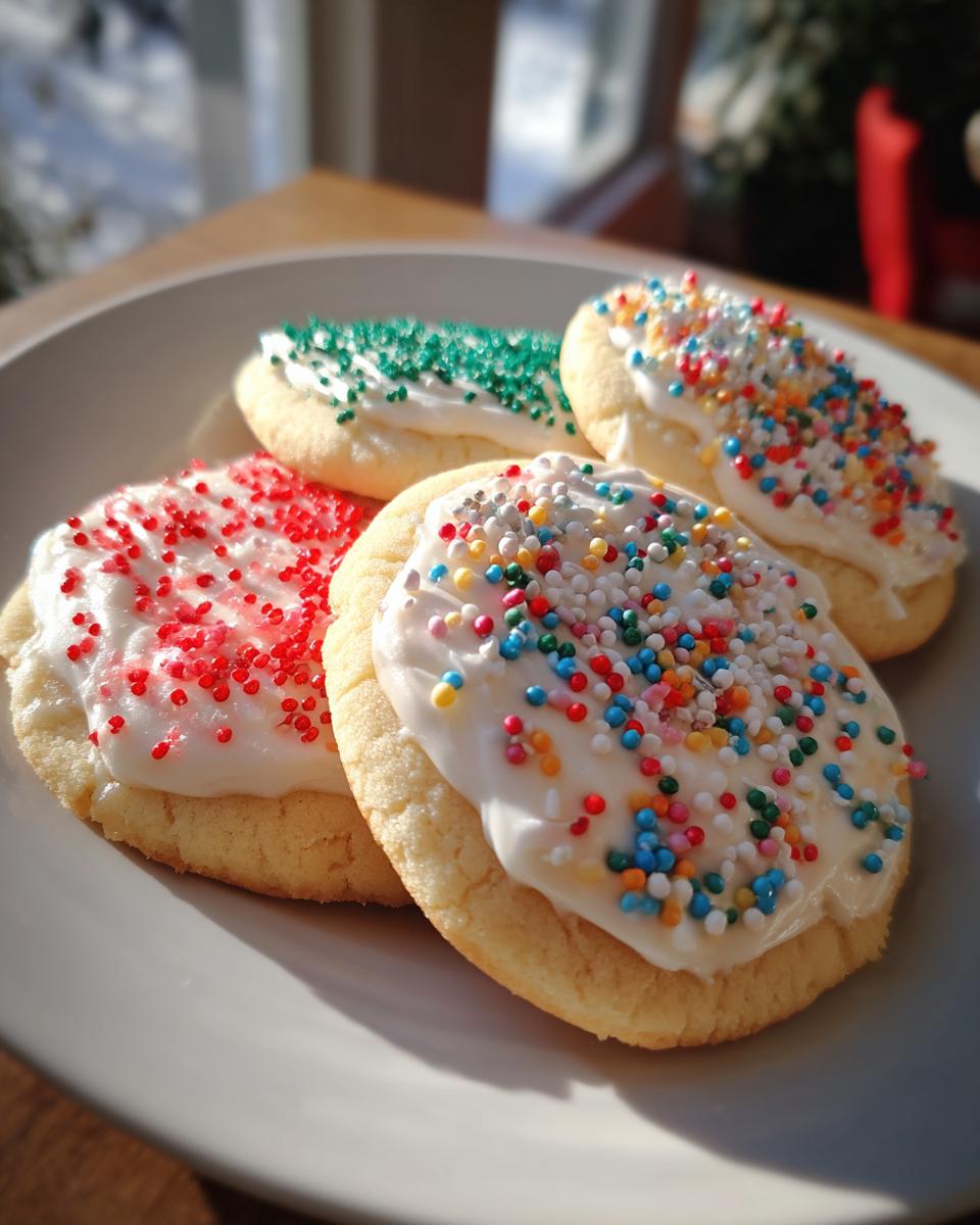 Primer plano de galletas navideñas decoradas con glaseado blanco y chispas de colores, rojas y verdes.