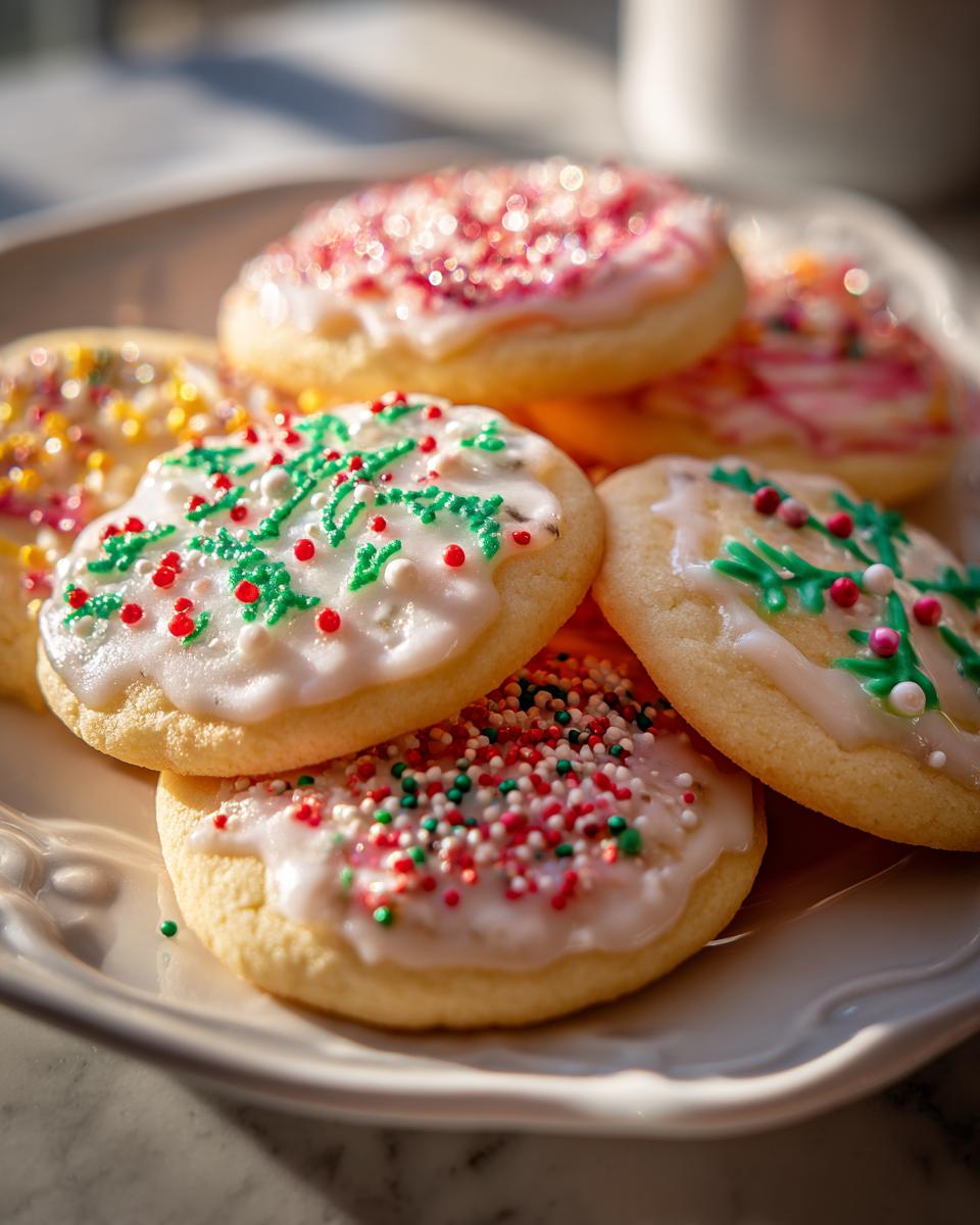 Primer plano de un plato de galletas navideñas decoradas con glaseado blanco y chispas de colores rojo, verde y blanco.