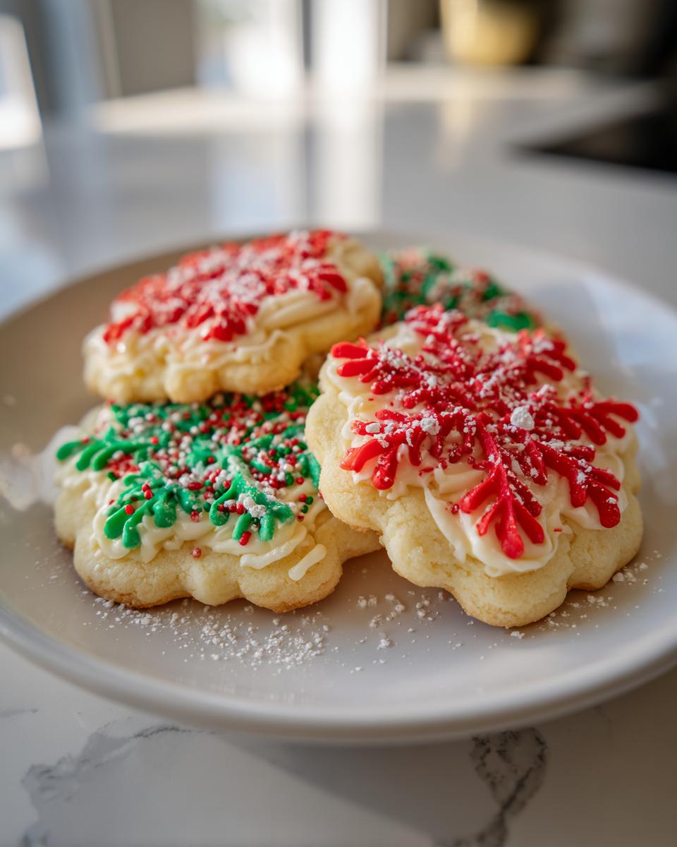 Galletas navideñas con glaseado rojo y verde decoradas sobre un plato blanco.