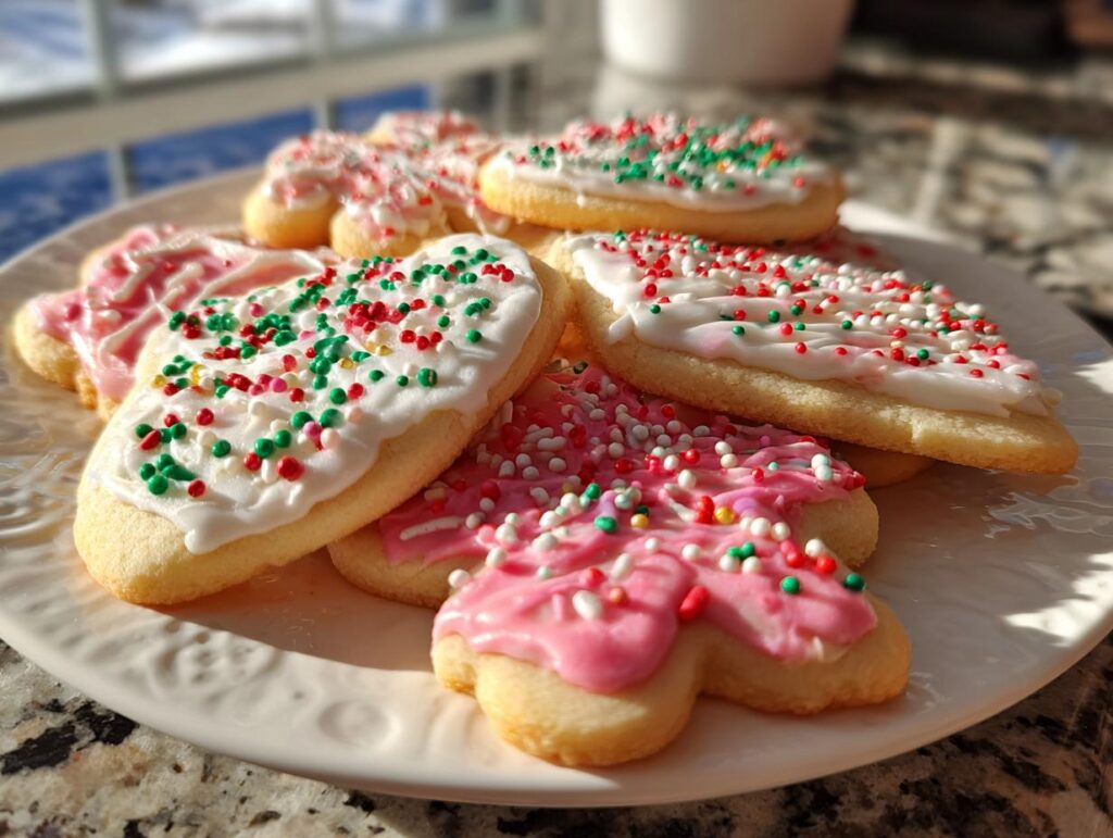 Primer plano de galletas navideñas decoradas con glaseado blanco y rosa, y sprinkles de colores rojo, verde y blanco.