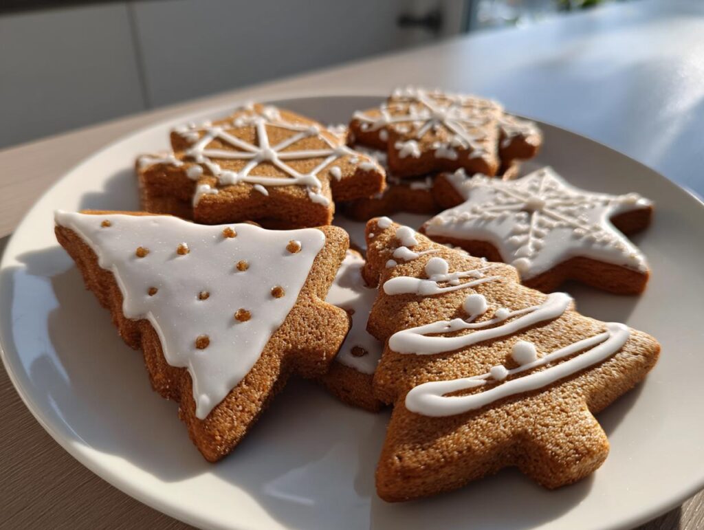 Primer plano de galletas navideñas decoradas con glaseado blanco, en forma de árbol y estrella, perfectas para recetas navideñas fáciles 2025.