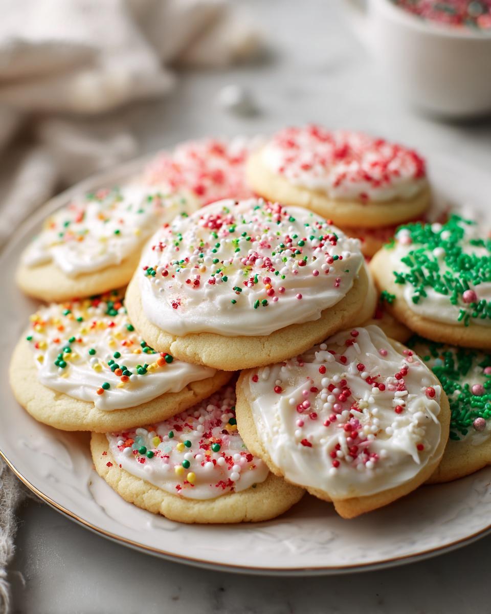 Primer plano de galletas navideñas decoradas con glaseado blanco y sprinkles de colores festivos.