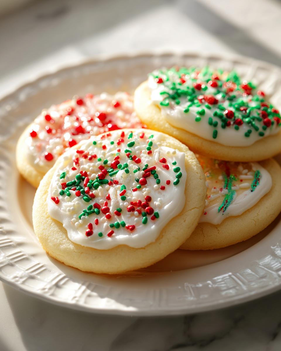 Primer plano de galletas navideñas decoradas con glaseado blanco y sprinkles rojos, verdes y blancos.