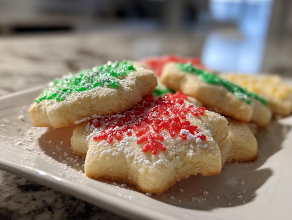 Galletas navideñas decoradas con azúcar de colores rojo, verde y amarillo sobre plato blanco.